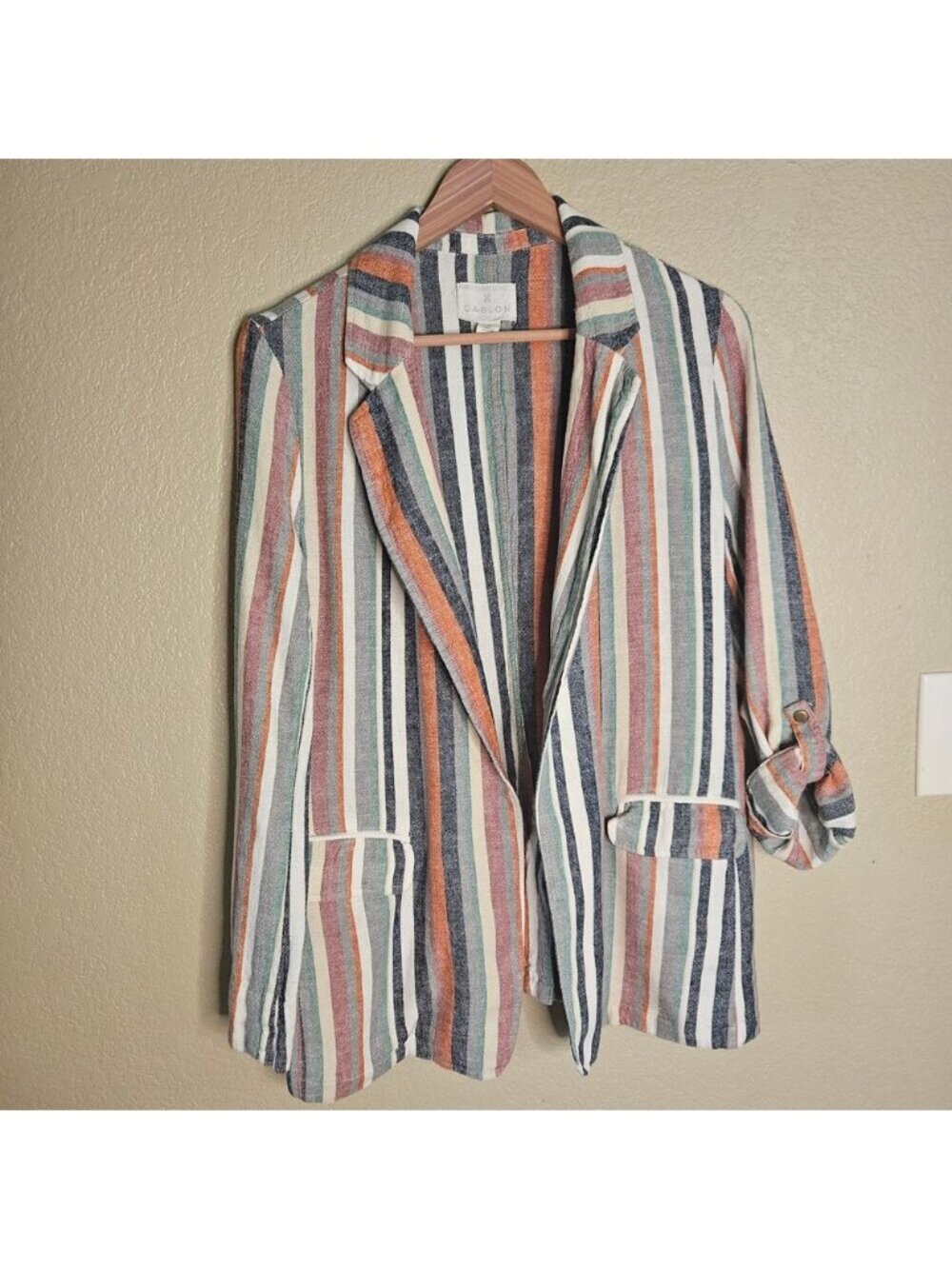 Caslon Open Front Striped Linen Blend Blazer - Size Medium Fall Colors